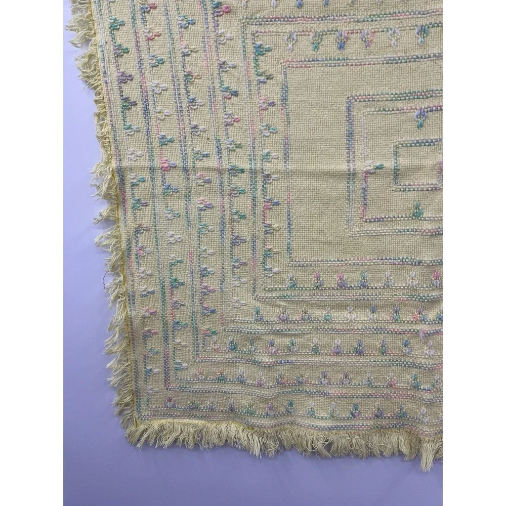 Vintage Baby Blanket Hand Woven Butter Yellow Pastel Fringed 33